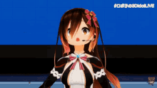 a 3d anime girl with a microphone on her head is standing in front of a blue background
