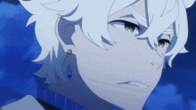 a close up of a person with white hair and blue eyes