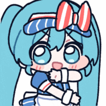 a cartoon drawing of a girl with blue hair and a red white and blue bow