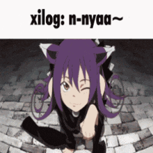 a picture of a girl with purple hair and cat ears and the words xilog n-nyaa
