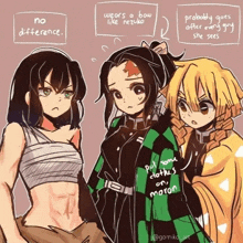 three anime characters are standing next to each other and one of them has a bandage on her chest