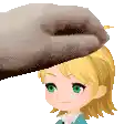 a cartoon girl with blonde hair and green eyes is being patted on the head by a dog .