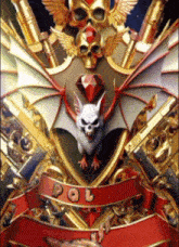 a poster with a bat and a skull with the word pol on the bottom