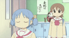 a cartoon girl says sensei good morning in front of a sign