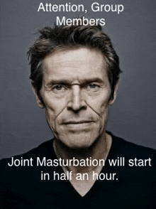 a close up of a man 's face with a caption that says attention , group members