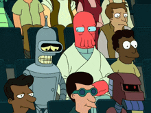 a group of cartoon characters sitting in a theater