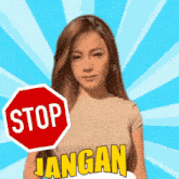 a woman stands in front of a stop sign and a jangan sign
