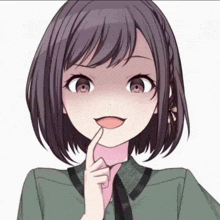 a girl with short hair is making a funny face with her finger on her mouth