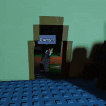 a video game character is standing in a doorway with the words party written on it