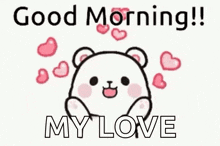 a teddy bear is surrounded by hearts and says `` good morning !! my love '' .