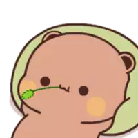 a cartoon of a teddy bear with a plant in its mouth