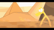 a cartoon drawing of a yellow object with a face on it standing in front of a pyramid