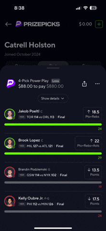 a prizepicks app shows catrell holston joined october 24