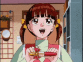 a girl with red hair and yellow bows is holding a red lipstick