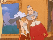 a cartoon of two men standing next to each other with one covering his mouth