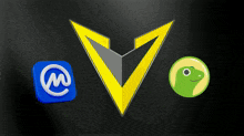 a yellow triangle with a blue circle with the letter m on it