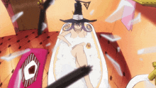 a naked woman in a bathtub with a witch hat on