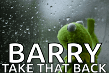 a kermit the frog looking out a window with the words barry take that back above him