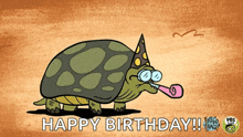 a cartoon of a turtle wearing a party hat and blowing a party horn that says happy birthday