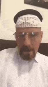 a man with a beard wearing a hat and glasses .