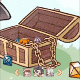 a cartoon drawing of a treasure chest with a gold chain around it