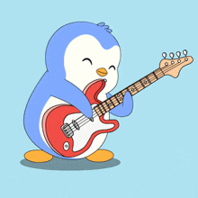 a penguin is playing a red and white electric guitar