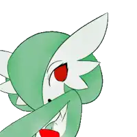a green and white cartoon character with red eyes and a red bow