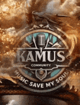 a logo for kamus community music save my soul with a dragon in the background