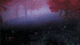 a painting of a forest with trees and grass
