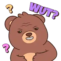 a brown teddy bear with a question mark and the word wut