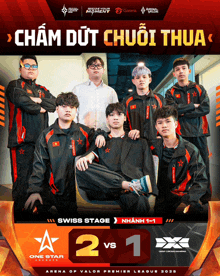 a group of young men standing next to each other with a swiss stage 2 vs 1 advertisement