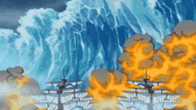 a cartoon drawing of a ship being destroyed by a wave
