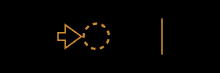 a yellow arrow a circle and a diagonal line on a dark background