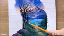 a painting of a tree with mountains in the background is made in animatica