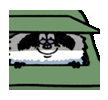 a black and white dog is looking out of a car window and smiling .