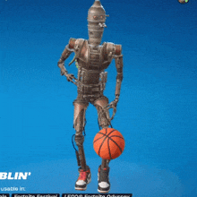a robot holding a basketball on a blue screen
