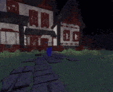 a blue cat is standing in front of a house in a minecraft game