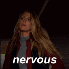 a woman is scratching her head and the word nervous is on the bottom