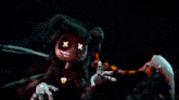 a person is holding a sword in a dark room with a bright light coming out of it
