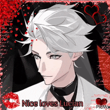 a picture of a boy with white hair and the words nice loves lucian