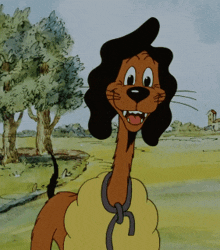 a cartoon dog with a long neck and a yellow shirt