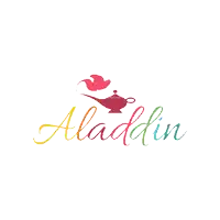 a colorful logo for aladdin with a lamp and a bird
