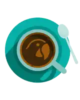 a cup of coffee on a blue saucer with a spoon next to it