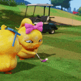 a cartoon duck with a purple bow on its head is playing golf