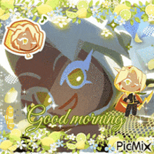 a picture of a cartoon character with the words " good morning " on it