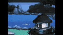 a painting of a house next to a lake
