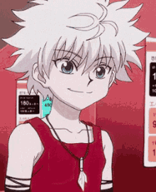 a boy with white hair and blue eyes is wearing a red tank top and necklace