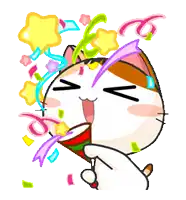a cartoon cat is holding a confetti cannon with confetti coming out of its mouth