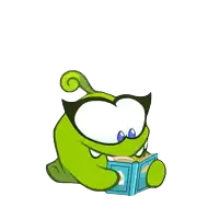 a cartoon character is reading a book with a white background
