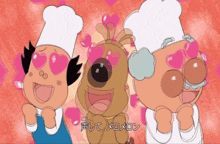 three cartoon characters with hearts in their eyes and a foreign language